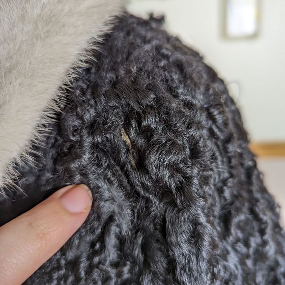 Vintage Black 50s Persian Lamb Karakul Gray Mink Collar Fur Coat Size Large - Picture 8 of 9